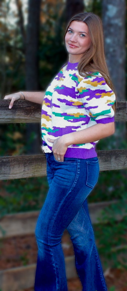 Mardi Gras Theme Camouflage Knit Top