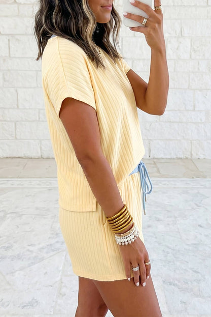 Textured Short Sleeve Rib Top Shorts 2 PCS Set