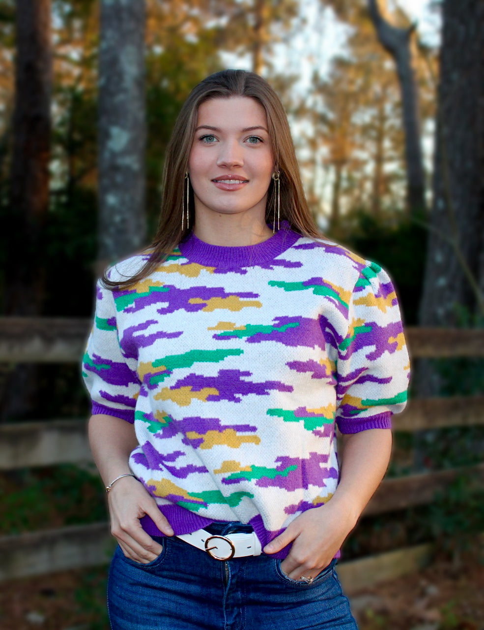 Mardi Gras Theme Camouflage Knit Top