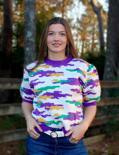 Mardi Gras Theme Camouflage Knit Top