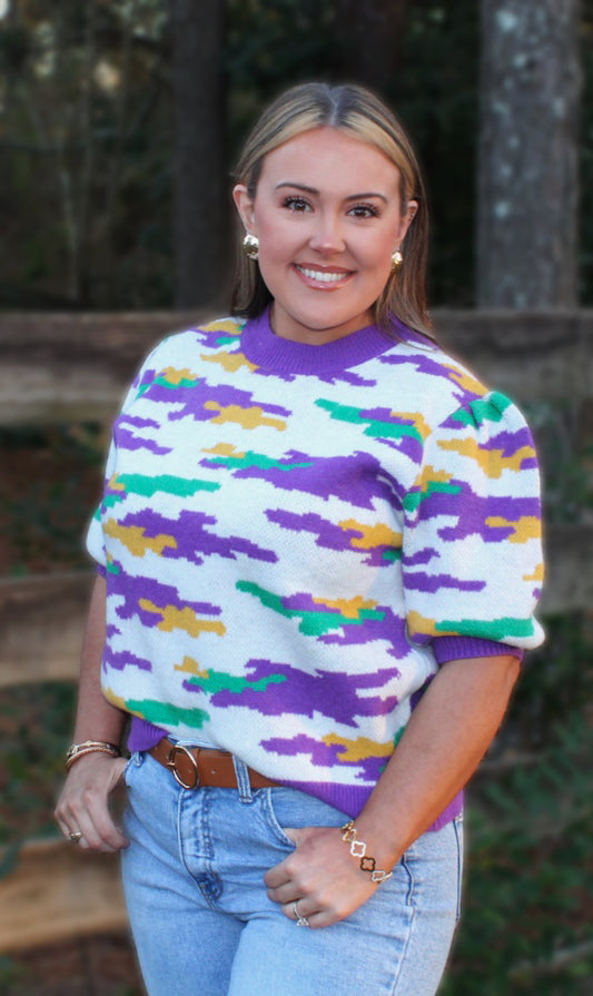 Mardi Gras Theme Camouflage Knit Top