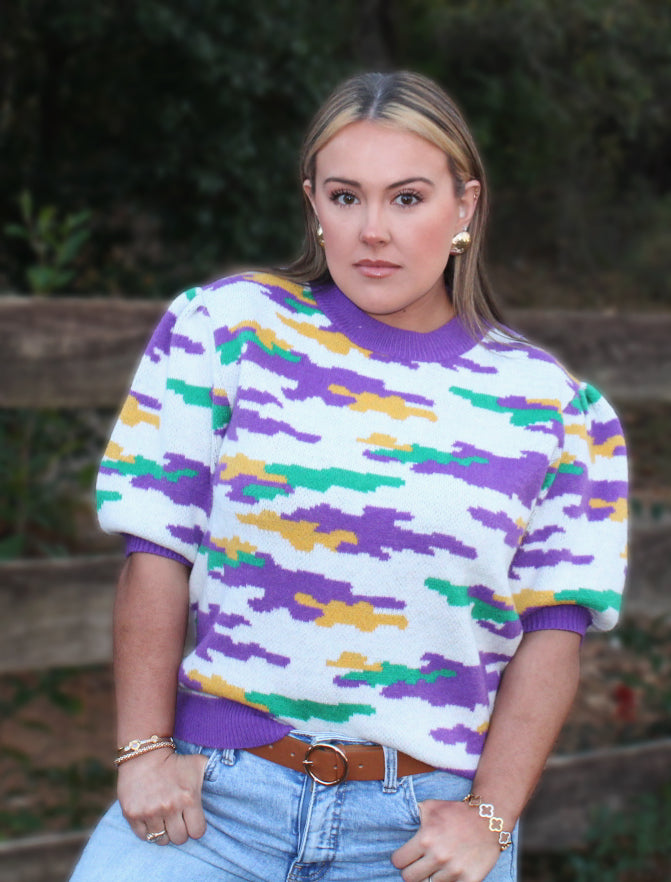 Mardi Gras Theme Camouflage Knit Top