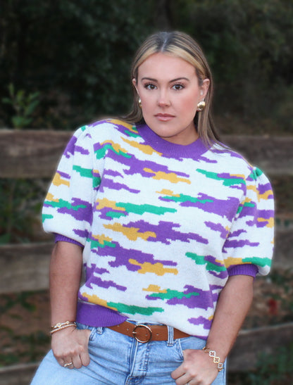 Mardi Gras Theme Camouflage Knit Top