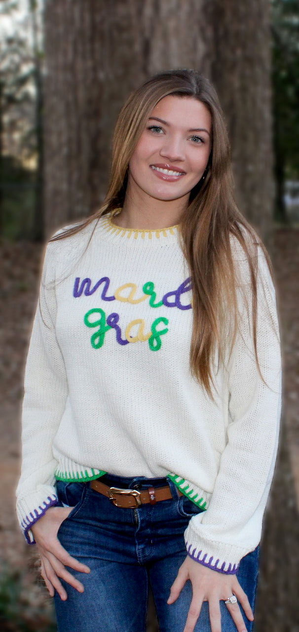 Stitch Detail Mardi Gras Lettering Sweater