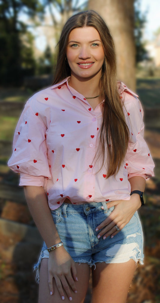 Valentine Heart Embroidered Button-Down
